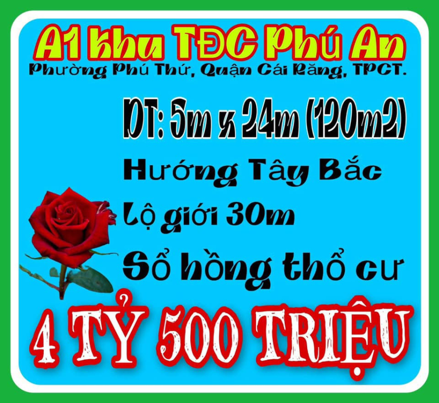 BÁN NỀN TRỤC CHÍNH A1 Khu TĐC Phú An, Phường Phú Thứ, Quận Cái Răng,TPCT
